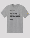 Gray tee with prayer written in black text and a golden symbol on sleeve 