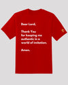 Red &#39;authenticity prayer&#39; tee with golden logo