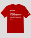 Red tee with prayer and golden symbol on sleeve