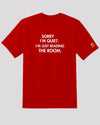 Red &#39;READING THE ROOM&#39; tee with  Golden &#39;R&#39; logo