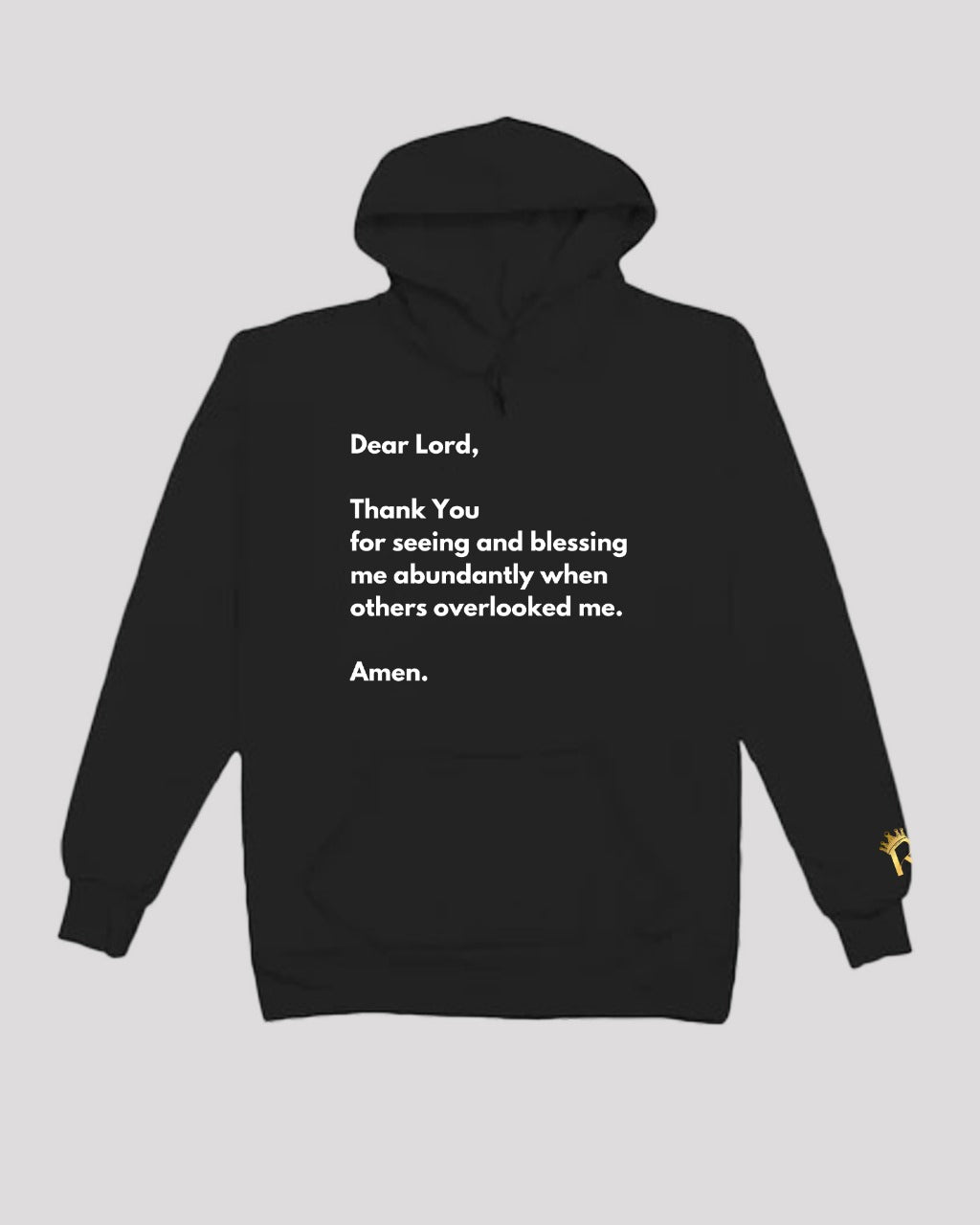 Black hoodie with prayer written in white text