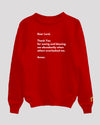 Red &#39;blessing&#39; sweatshirt in white text