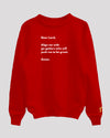 Red sweatshirt with motivational prayer