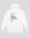 White hoodie with authentic prayer text and a golden logo on sleeve