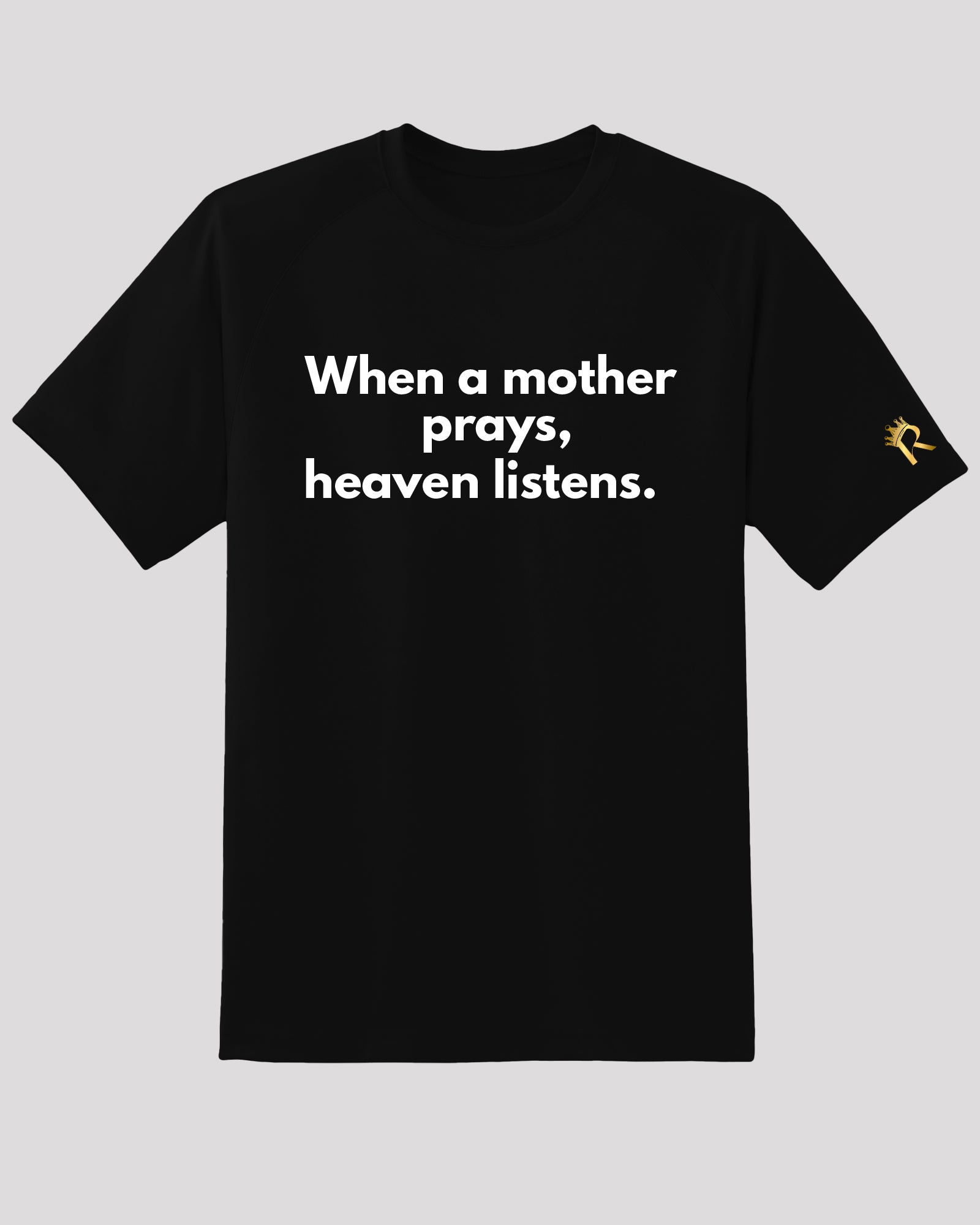 Black 'mother prays' tee with golden logo