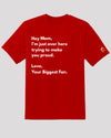 Red &#39;Hey Mom&#39; tee with golden logo